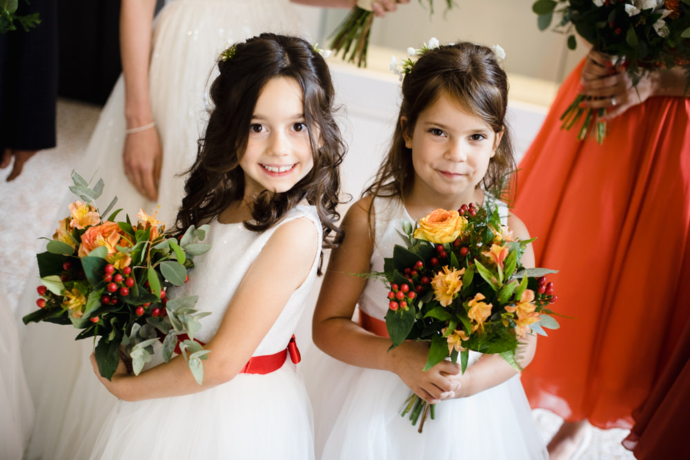 Flower Girls Orange Red Sash Bouquet Berry Rose Manchester Museum Wedding Chris Barber Photography