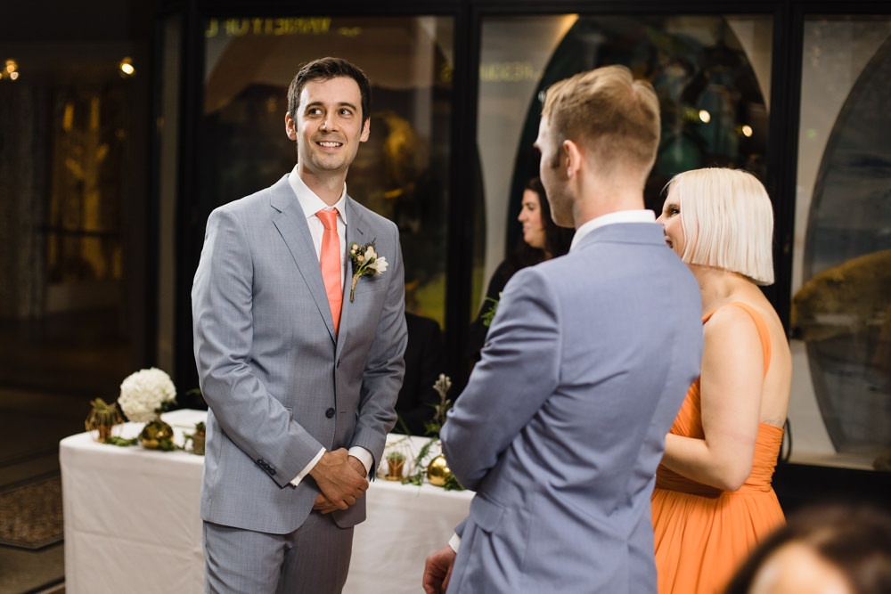 Blue Grey Ted Baker Suit Groom Peach Tie Manchester Museum Wedding Chris Barber Photography