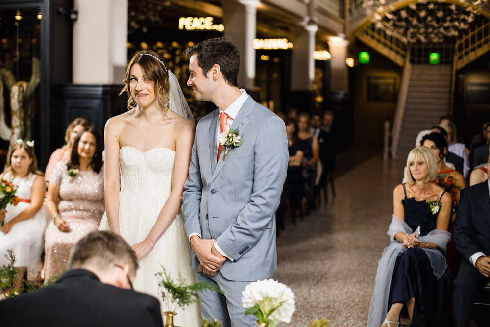 Bride Bridal Watters Sweetheart Neckline A Line Strapless Embellished Veil Blue Grey Ted Baker Suit Groom Peach Tie Manchester Museum Wedding Chris Barber Photography
