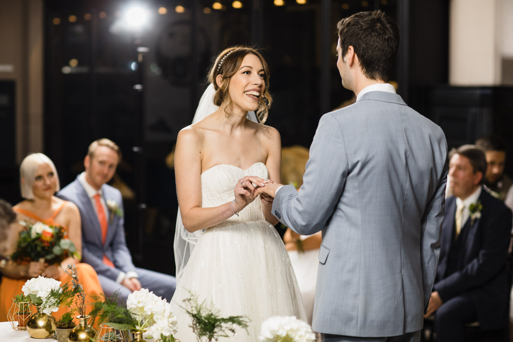 Bride Bridal Watters Sweetheart Neckline A Line Strapless Embellished Veil Blue Grey Ted Baker Suit Groom Manchester Museum Wedding Chris Barber Photography