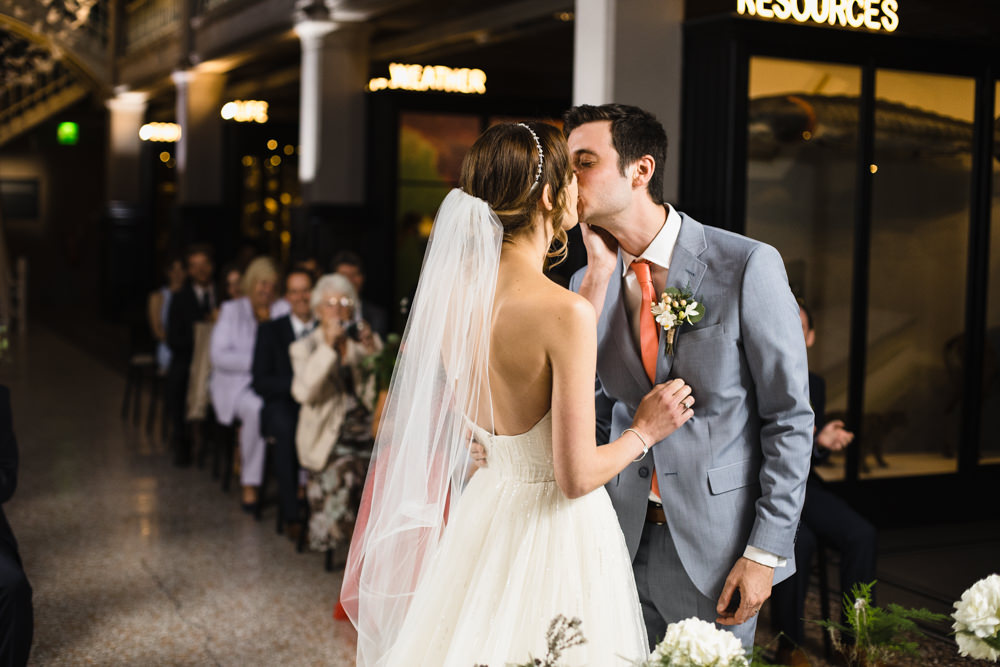 Bride Bridal Watters Sweetheart Neckline A Line Strapless Embellished Veil Blue Grey Ted Baker Suit Groom Peach Tie Manchester Museum Wedding Chris Barber Photography