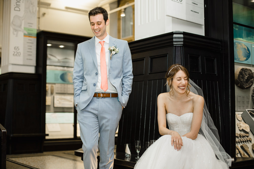 Bride Bridal Watters Sweetheart Neckline A Line Strapless Embellished Veil Blue Grey Ted Baker Suit Groom Peach Tie Manchester Museum Wedding Chris Barber Photography