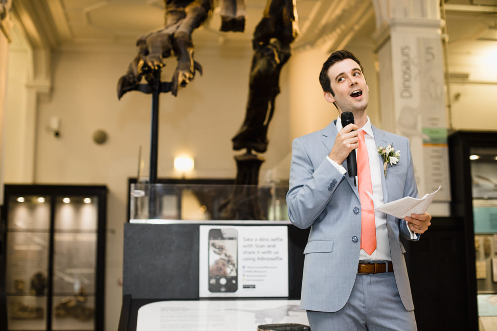 Pale Blue Grey Suit Groom Peach Tie Manchester Museum Wedding Chris Barber Photography
