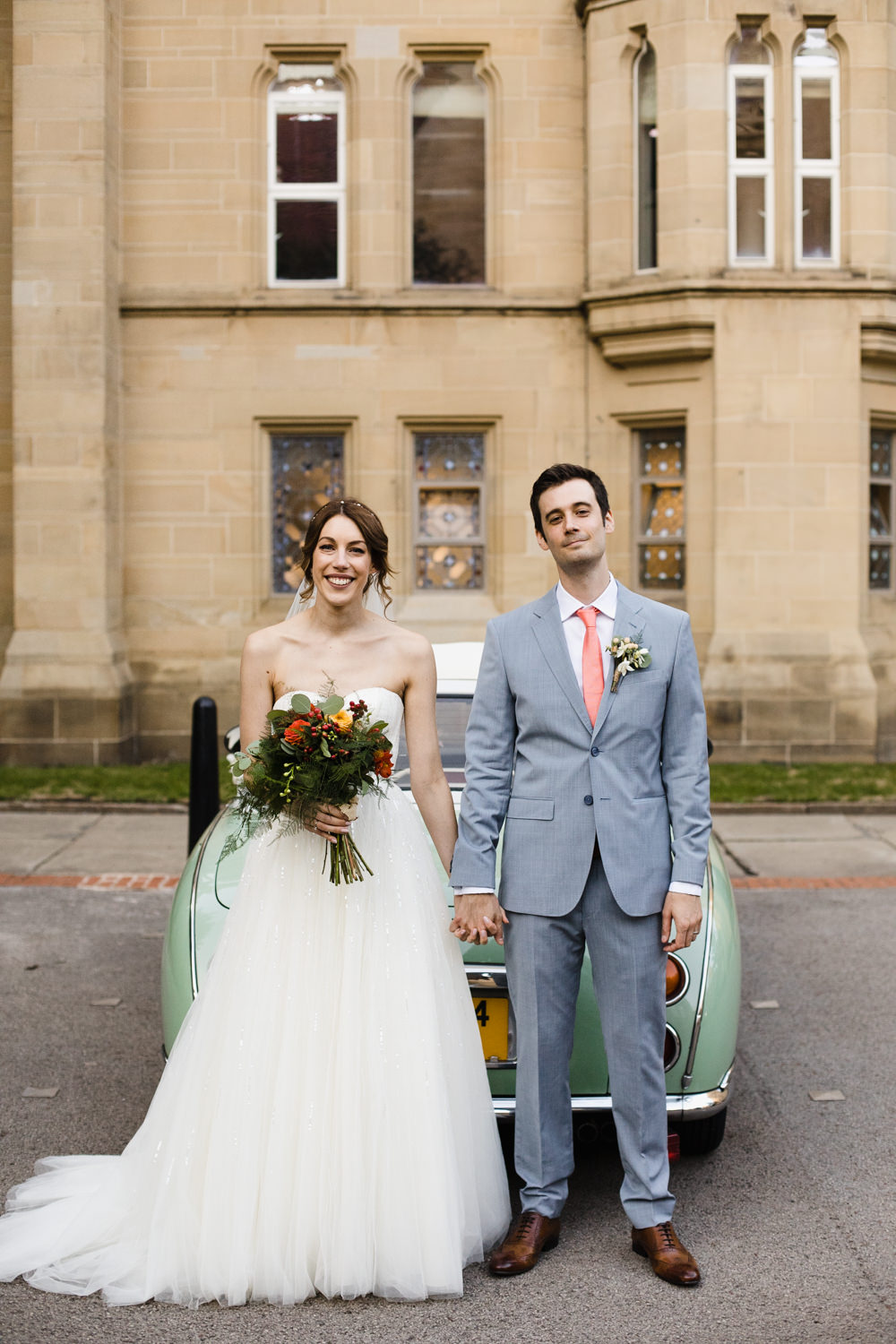 Bride Bridal Watters Sweetheart Neckline A Line Strapless Embellished Veil Blue Grey Ted Baker Suit Groom Orange Red Bouquet Berries Manchester Museum Wedding Chris Barber Photography