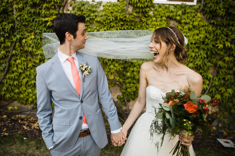 Bride Bridal Watters Sweetheart Neckline A Line Strapless Embellished Veil Blue Grey Ted Baker Suit Groom Peach Tie Orange Red Bouquet Beries Manchester Museum Wedding Chris Barber Photography