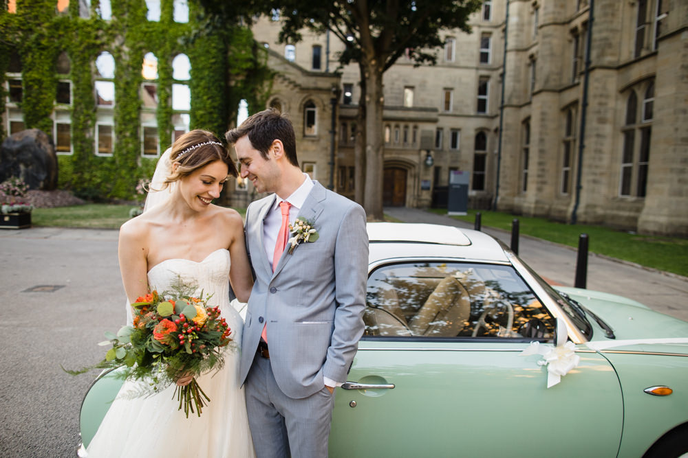Bride Bridal Watters Sweetheart Neckline A Line Strapless Embellished Veil Blue Grey Ted Baker Suit Groom Nissan Figaro Vintage Car Transport Manchester Museum Wedding Chris Barber Photography