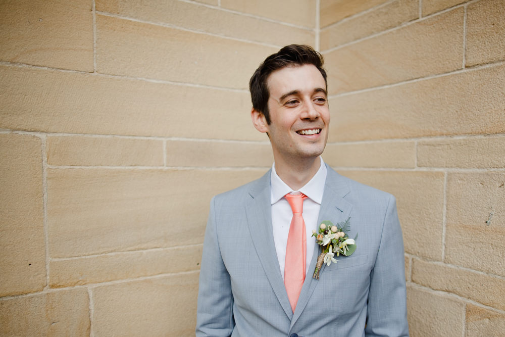 Pale Grey Blue Suit Groom Peach Tie Manchester Museum Wedding Chris Barber Photography