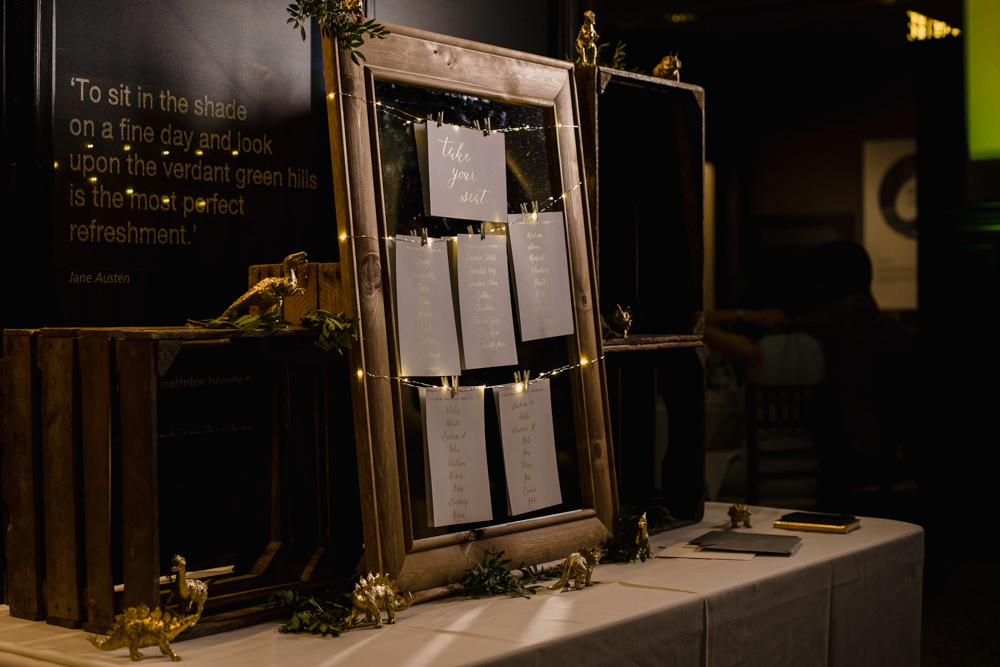 Table Plan Gold Frame Fairy Lights Seating Chart Manchester Museum Wedding Chris Barber Photography