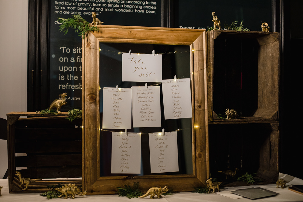 Table Plan Seating Chart Wooden Frame Fairy Light Dinosaurs Crates Manchester Museum Wedding Chris Barber Photography