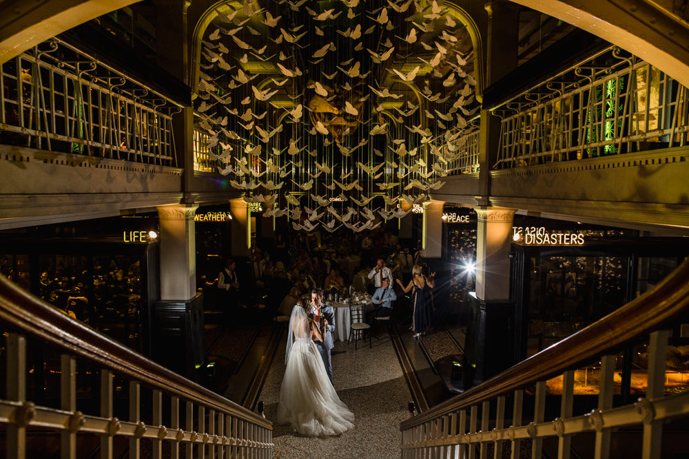 Bride Bridal Watters Sweetheart Neckline A Line Strapless Embellished Veil Blue Grey Ted Baker Suit Groom Manchester Museum Wedding Chris Barber Photography