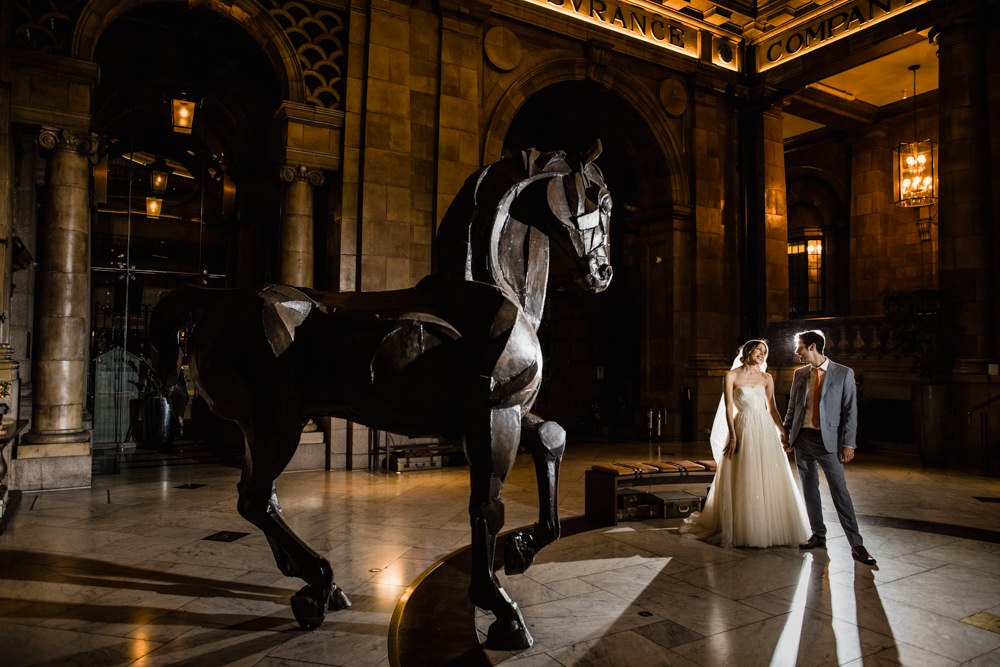 Bride Bridal Watters Sweetheart Neckline A Line Strapless Embellished Veil Blue Grey Ted Baker Suit Groom Manchester Museum Wedding Chris Barber Photography