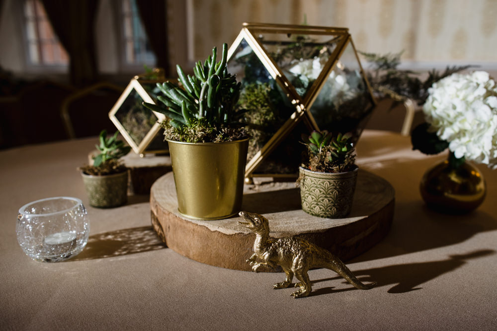 Table Centre Wood Slice Log Gold Dinosaur Succulents Moss Terrarium Manchester Museum Wedding Chris Barber Photography
