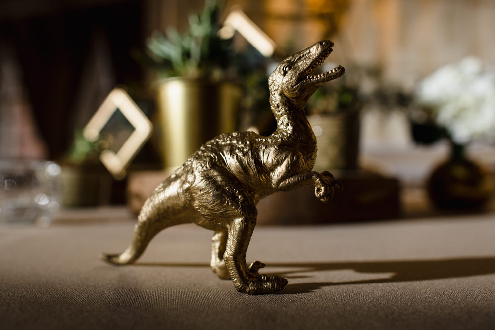 Gold Dinosaur Decor Manchester Museum Wedding Chris Barber Photography