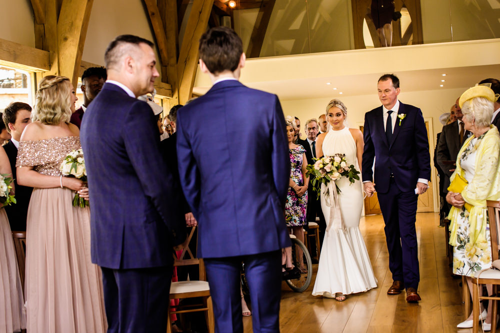 Bride Bridal Halter Neck Dress Gown Fishtail Button Back Navy Groom Suit Bouquet Ribbon Mill Barns Wedding Cassandra Lane Photography