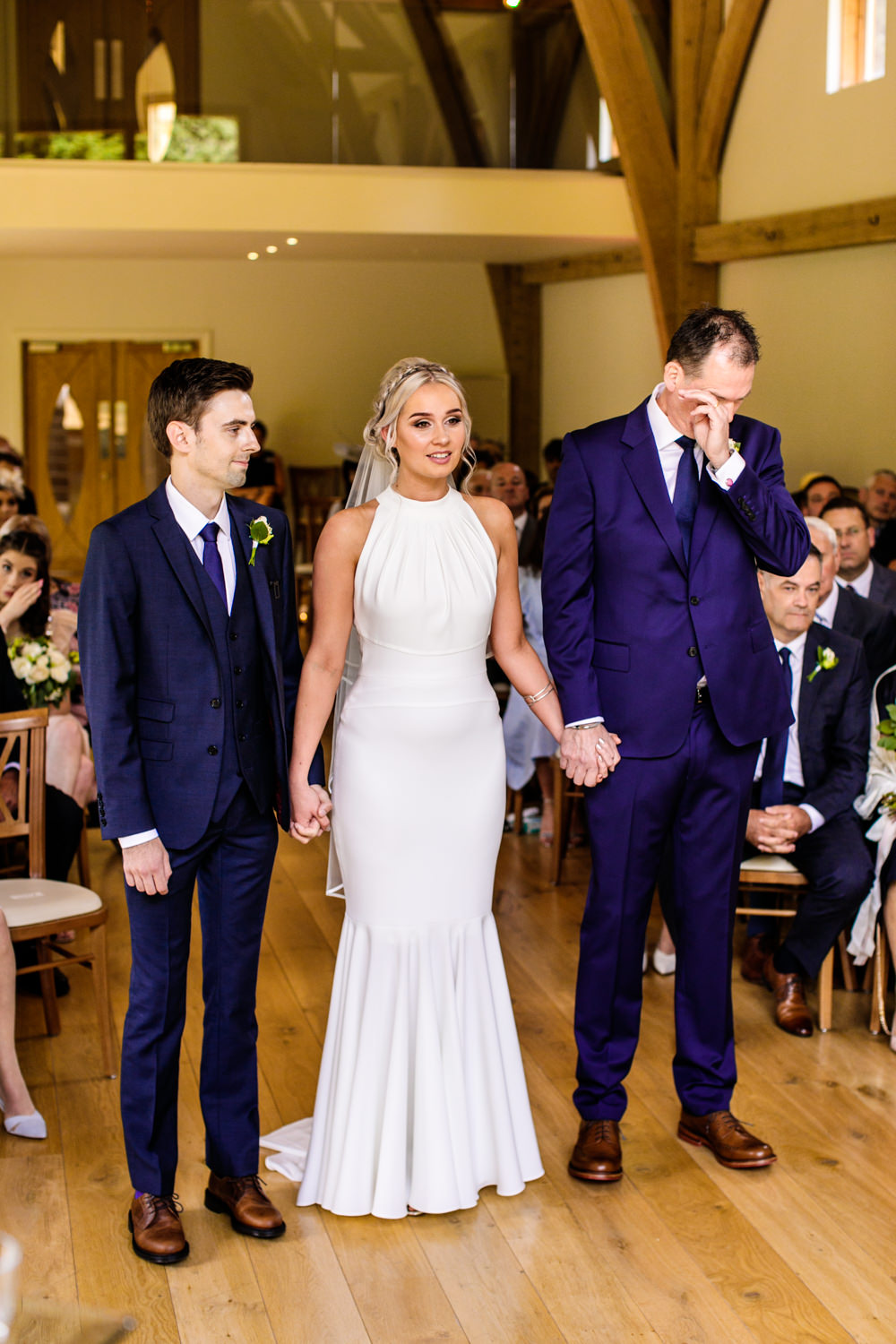 Bride Bridal Halter Neck Dress Gown Fishtail Button Back Navy Groom Suit Mill Barns Wedding Cassandra Lane Photography