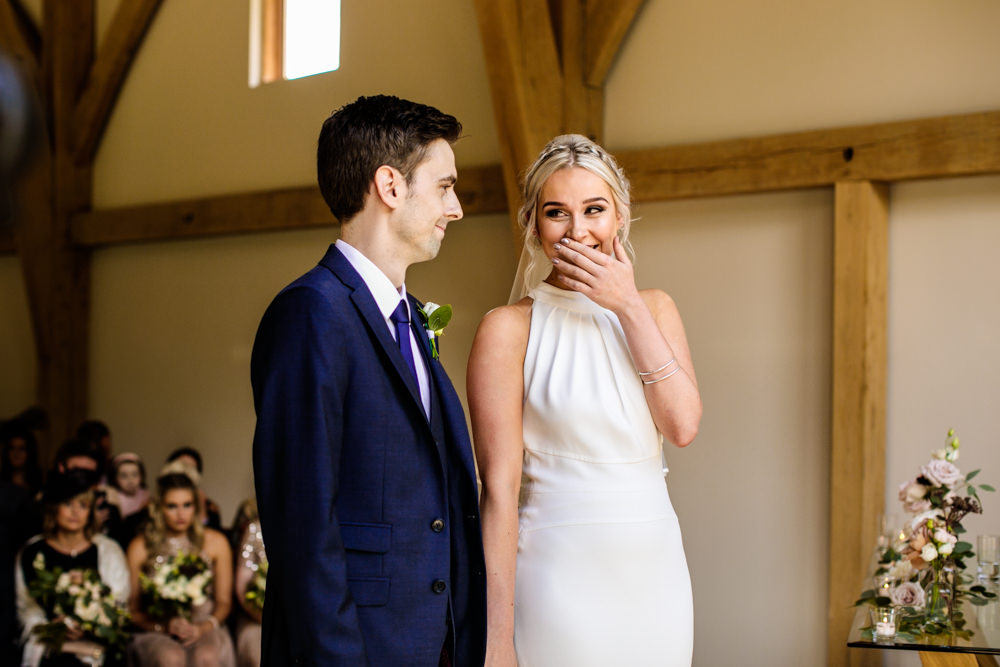 Bride Bridal Halter Neck Dress Gown Fishtail Button Back Navy Groom Suit Mill Barns Wedding Cassandra Lane Photography