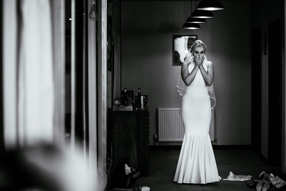 Bride Bridal Halter Neck Dress Gown Fishtail Button Back Veil Mill Barns Wedding Cassandra Lane Photography