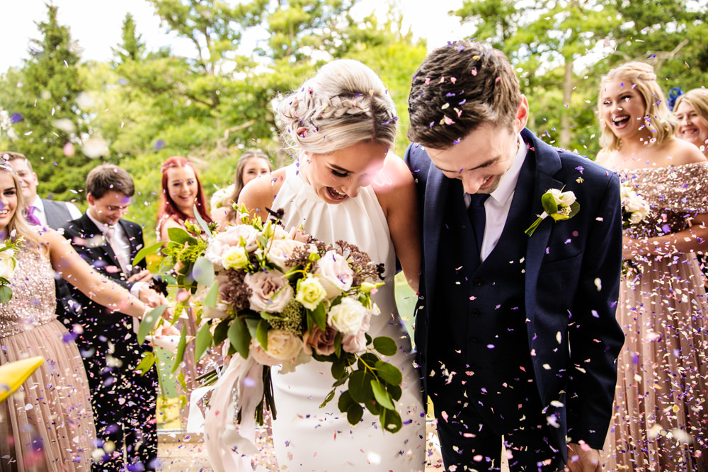 Bride Bridal Halter Neck Dress Gown Fishtail Button Back Navy Groom Suit Confetti Bouquet Mill Barns Wedding Cassandra Lane Photography