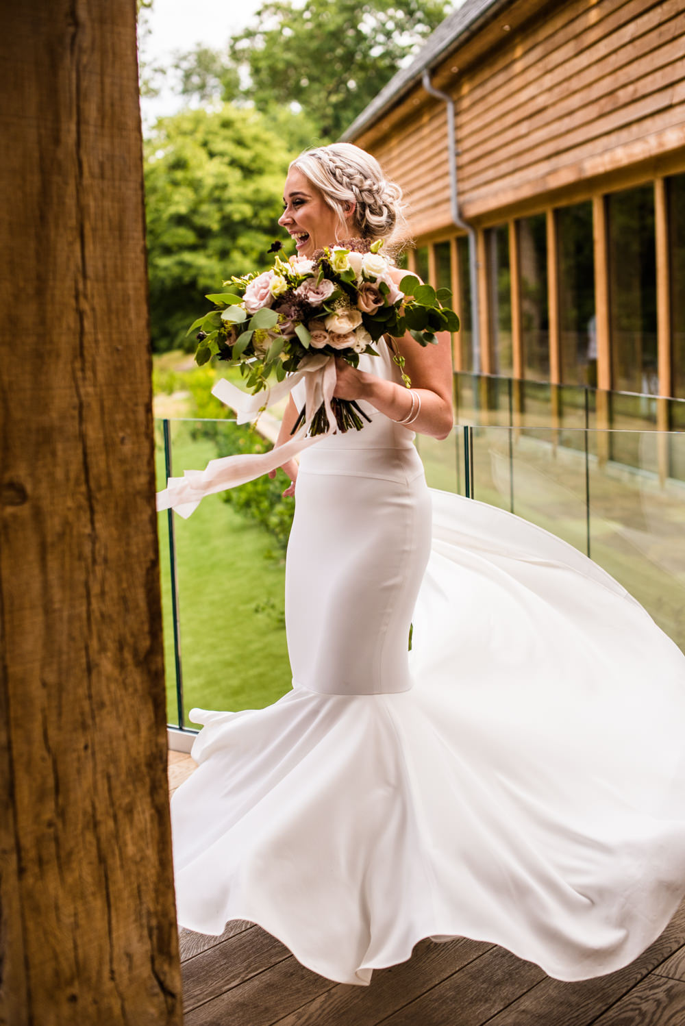 Bride Bridal Halter Neck Dress Gown Fishtail Button Back Bouquet Ribbon Mill Barns Wedding Cassandra Lane Photography