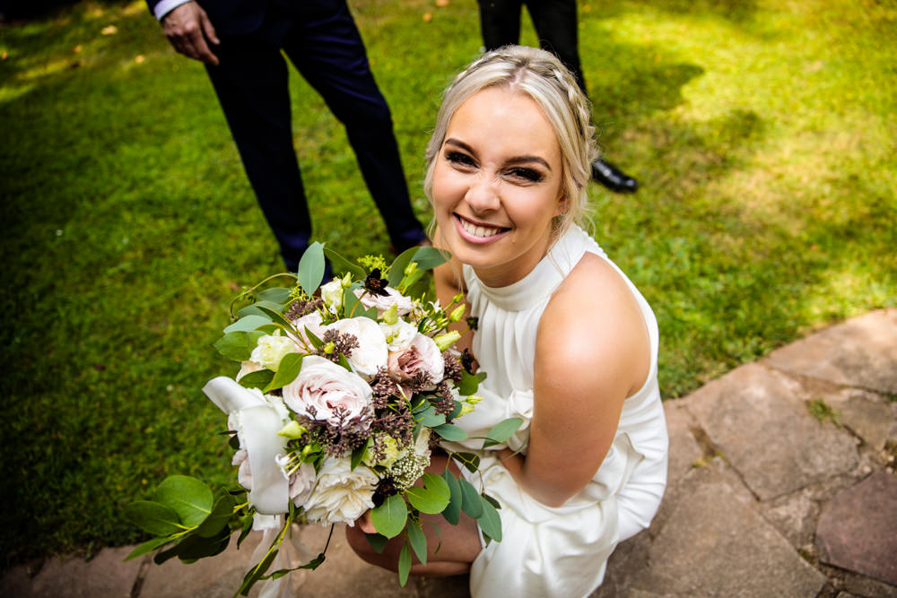Bride Bridal Halter Neck Dress Gown Fishtail Button Back Bouquet Mill Barns Wedding Cassandra Lane Photography