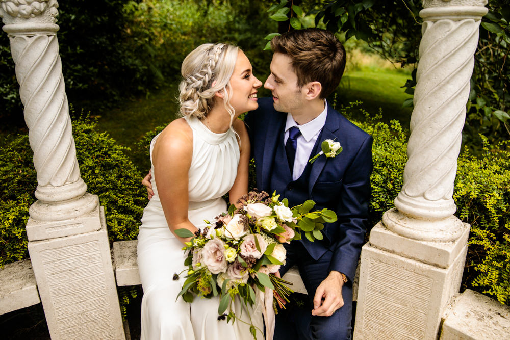 Bride Bridal Halter Neck Dress Gown Fishtail Button Back Navy Groom Suit Blousy Bouquet Mill Barns Wedding Cassandra Lane Photography