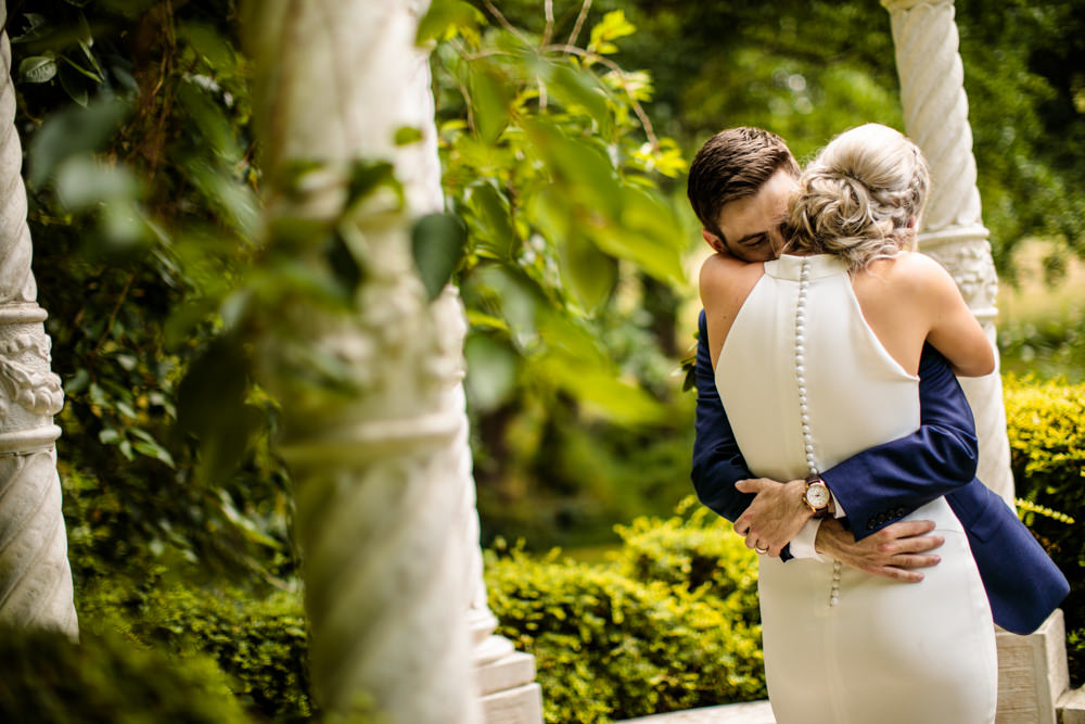 Bride Bridal Halter Neck Dress Gown Fishtail Button Back Navy Groom Suit Mill Barns Wedding Cassandra Lane Photography