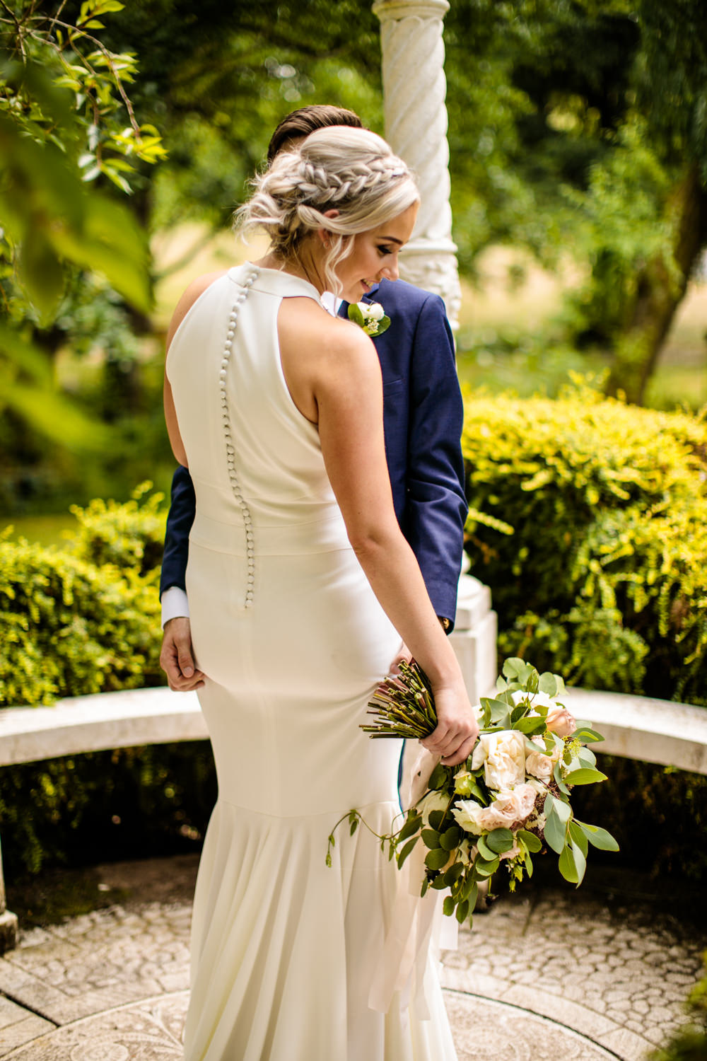 Bride Bridal Halter Neck Dress Gown Fishtail Button Back Navy Groom Suit Mill Barns Wedding Cassandra Lane Photography