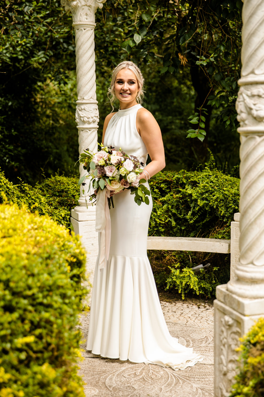 Bride Bridal Halter Neck Dress Gown Fishtail Button Back Blousy Bouquet Mill Barns Wedding Cassandra Lane Photography
