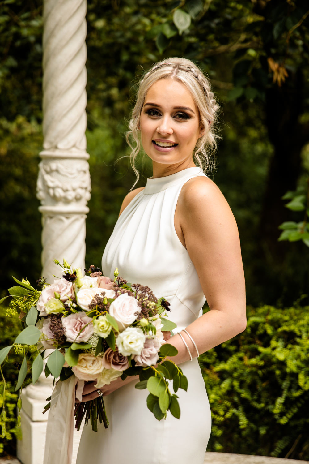 Bride Bridal Halter Neck Dress Gown Fishtail Button Back Blousy Bouquet Mill Barns Wedding Cassandra Lane Photography