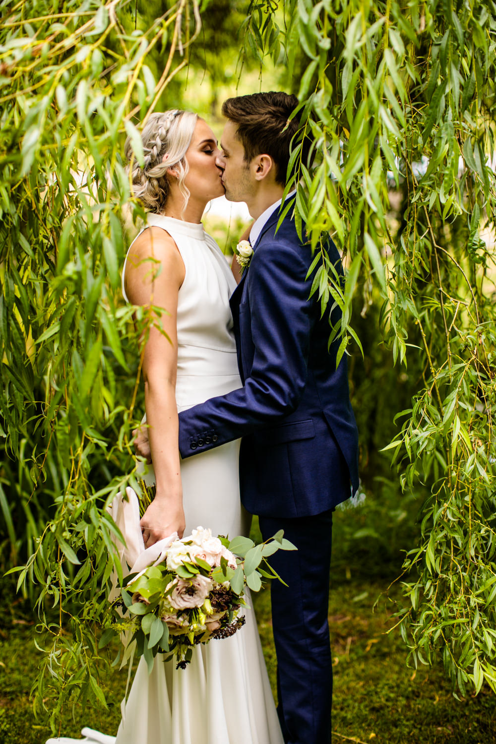 Bride Bridal Halter Neck Dress Gown Fishtail Button Back Navy Groom Suit Mill Barns Wedding Cassandra Lane Photography