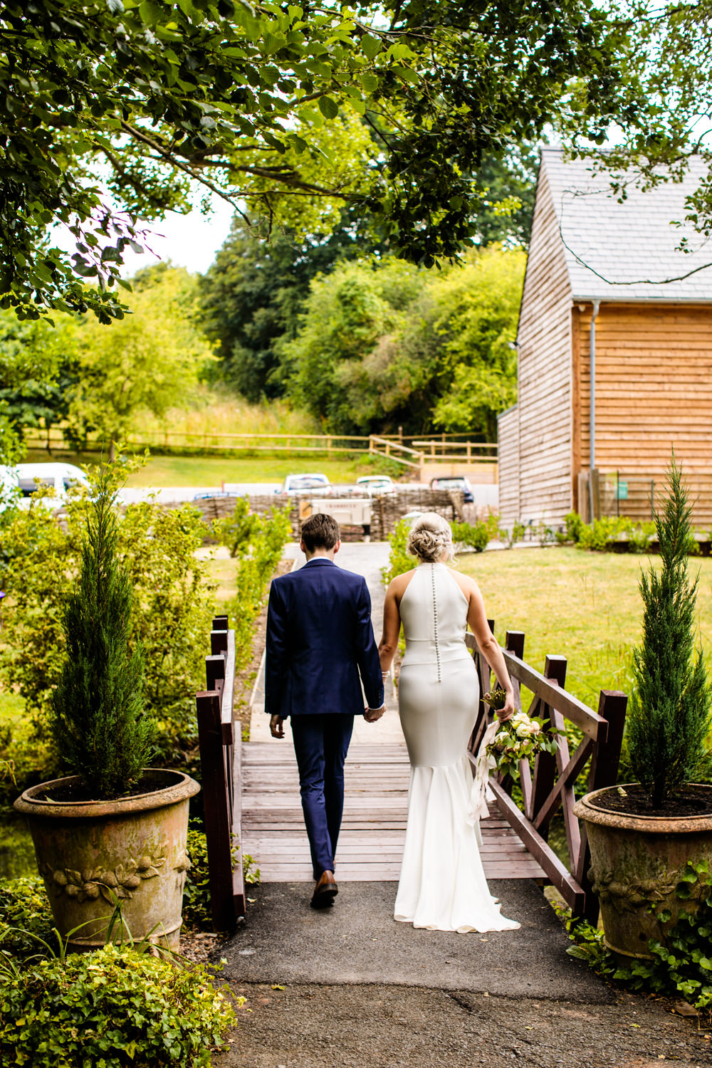 Bride Bridal Halter Neck Dress Gown Fishtail Button Back Navy Groom Suit Mill Barns Wedding Cassandra Lane Photography