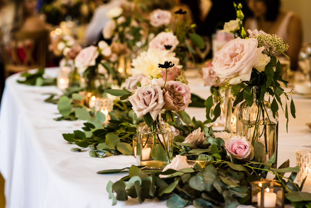 Flowers Floral Antique Rose Pink Cream Bud Vases Greenery Mill Barns Wedding Cassandra Lane Photography