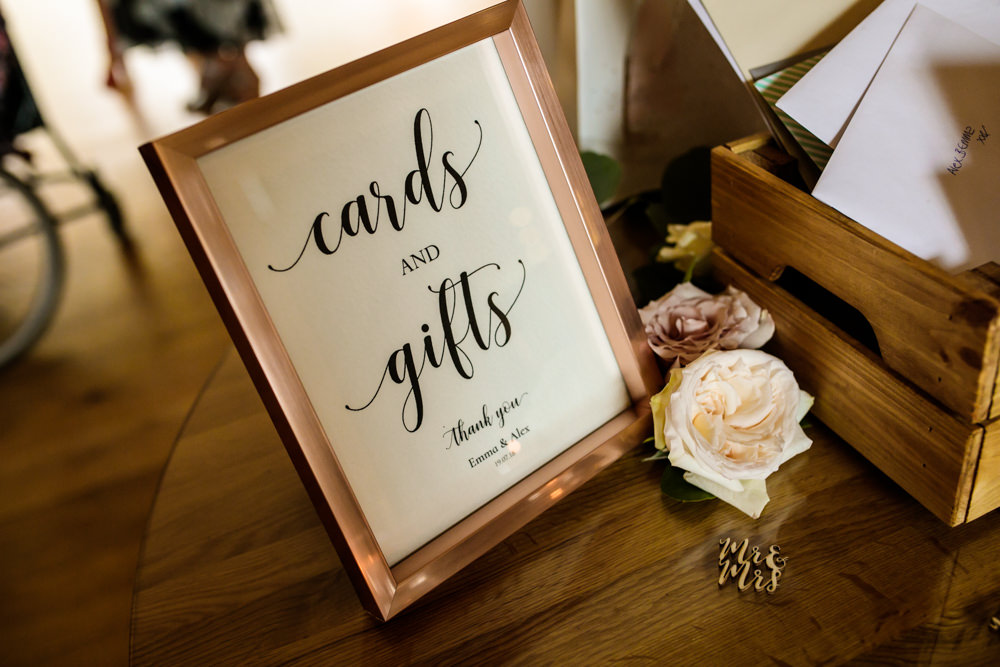 Cards Gifts Sign Rose Gold Frame Mill Barns Wedding Cassandra Lane Photography
