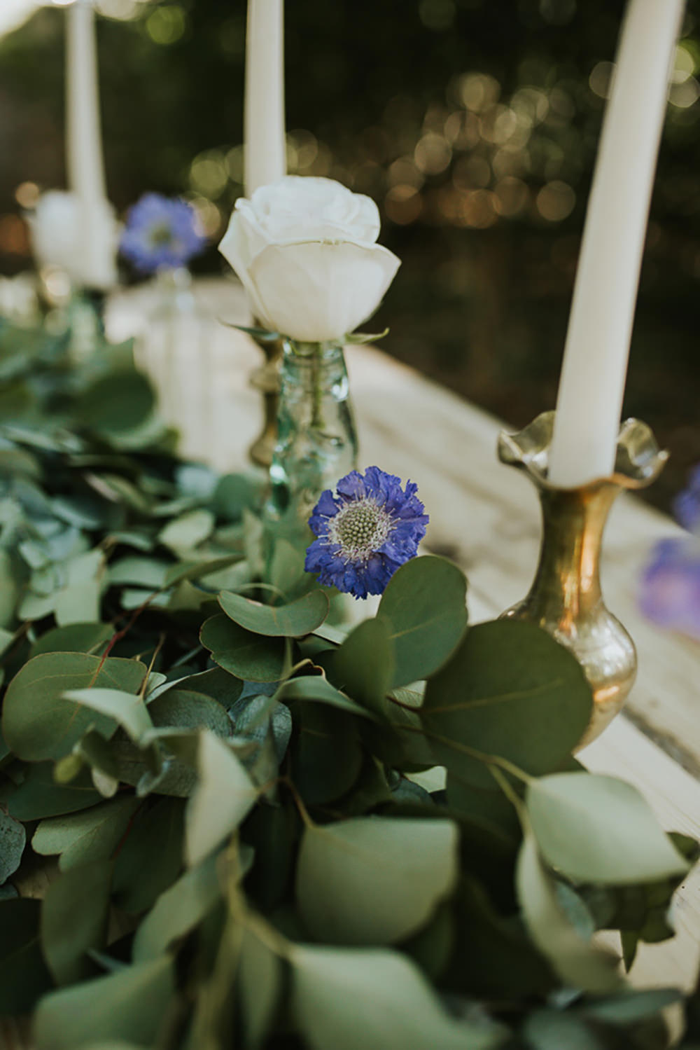 Table Tablescape Greenery Foliage Runner Swag Garland Rose Cornflower Candlesticks Gold Modern Bohemian Woodland Wedding Ideas Lily Lane Photography