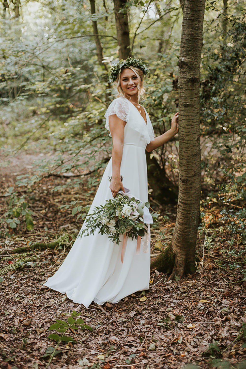 Dress Gown Bride Bridal French Chantilly Lace Silk Georgettes Tulle Sleeves Cape Modern Bohemian Woodland Wedding Ideas Lily Lane Photography