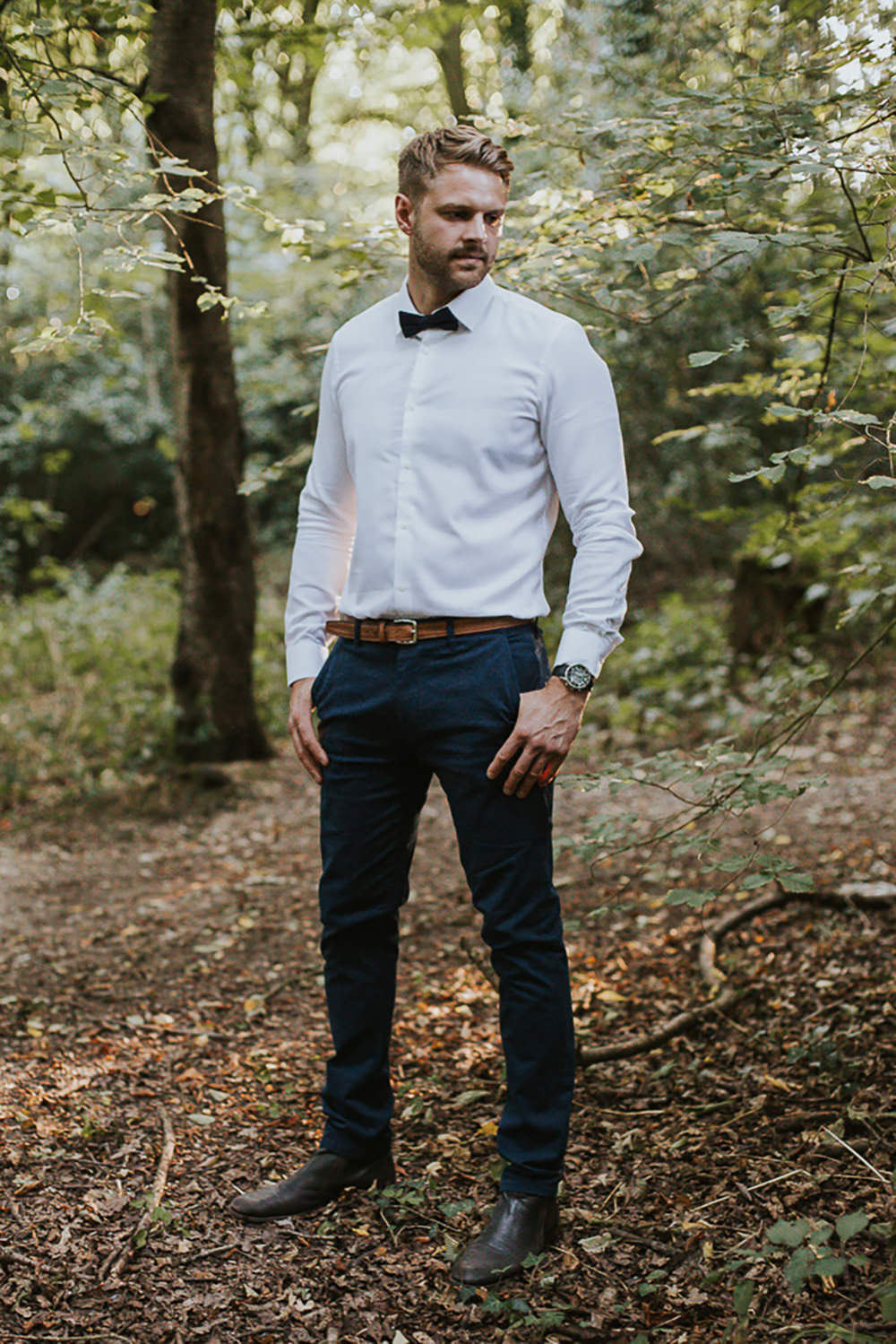 Groom Trousers Shirt Bow Tie Modern Bohemian Woodland Wedding Ideas Lily Lane Photography