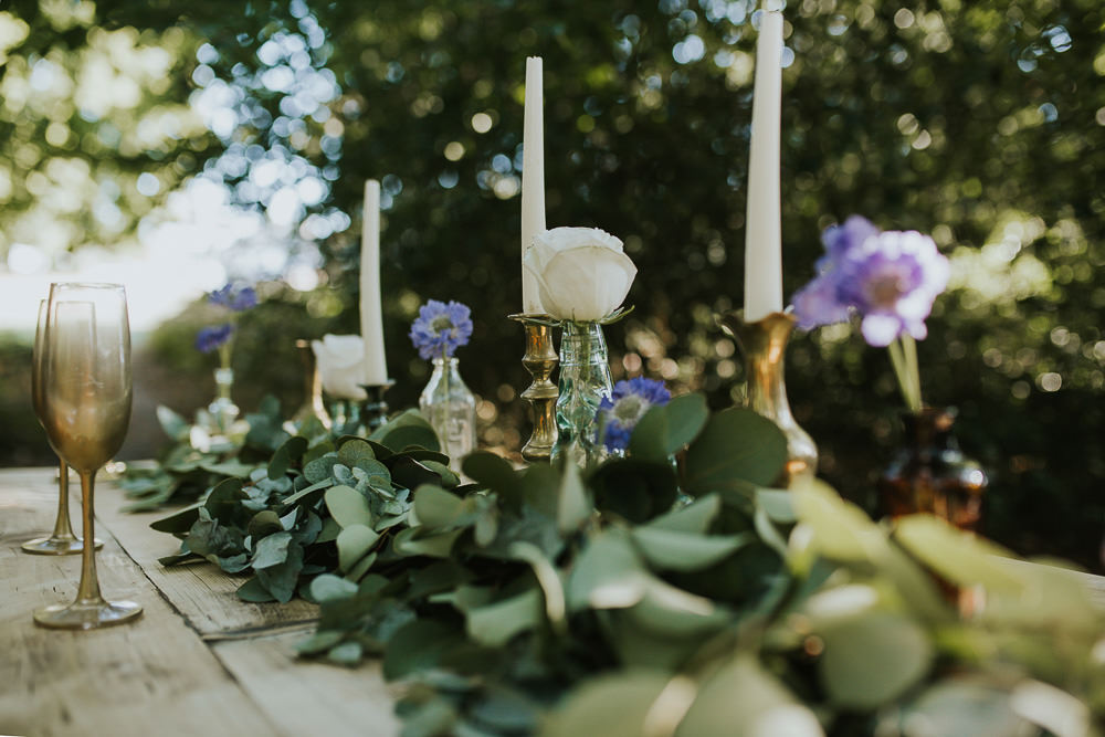 Table Tablescape Greenery Foliage Runner Swag Garland Rose Cornflower Candlesticks Gold Modern Bohemian Woodland Wedding Ideas Lily Lane Photography