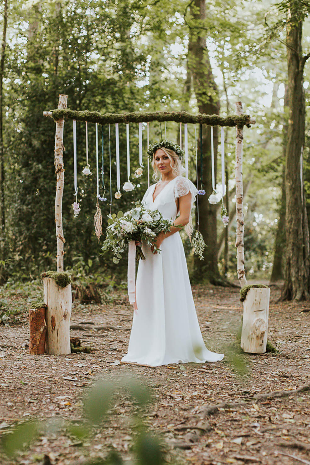 Wooden Arch Branch Backdrop Hanging Flowers Ribbons Modern Bohemian Woodland Wedding Ideas Lily Lane Photography