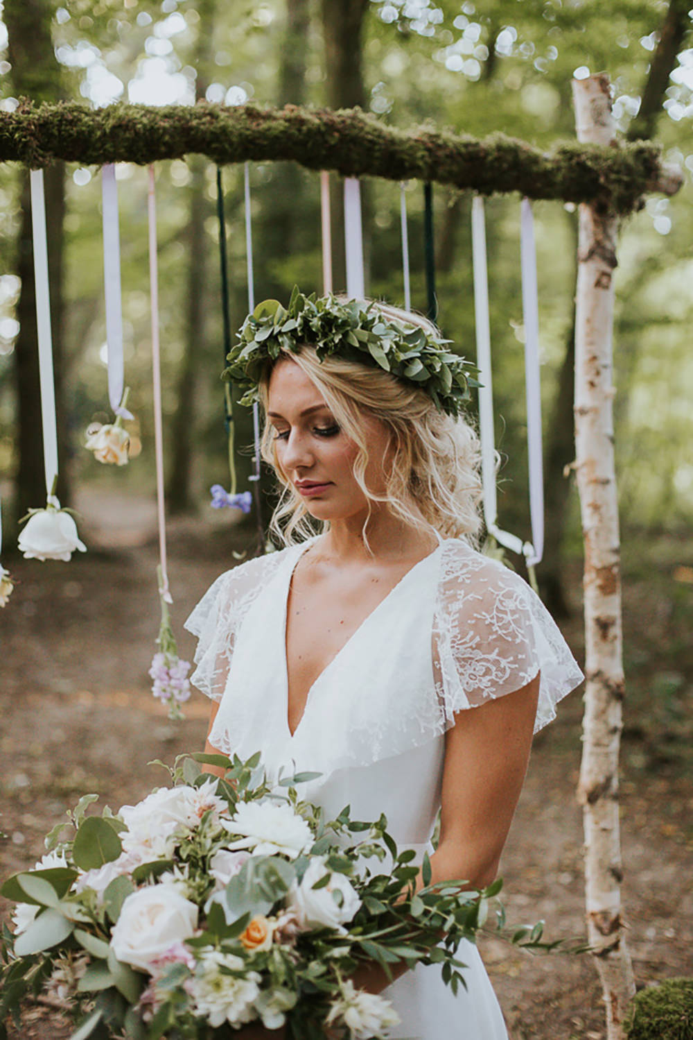Greenery Foliage Flowers Crown Ribbon Bride Bridal Headdress Halo Modern Bohemian Woodland Wedding Ideas Lily Lane Photography