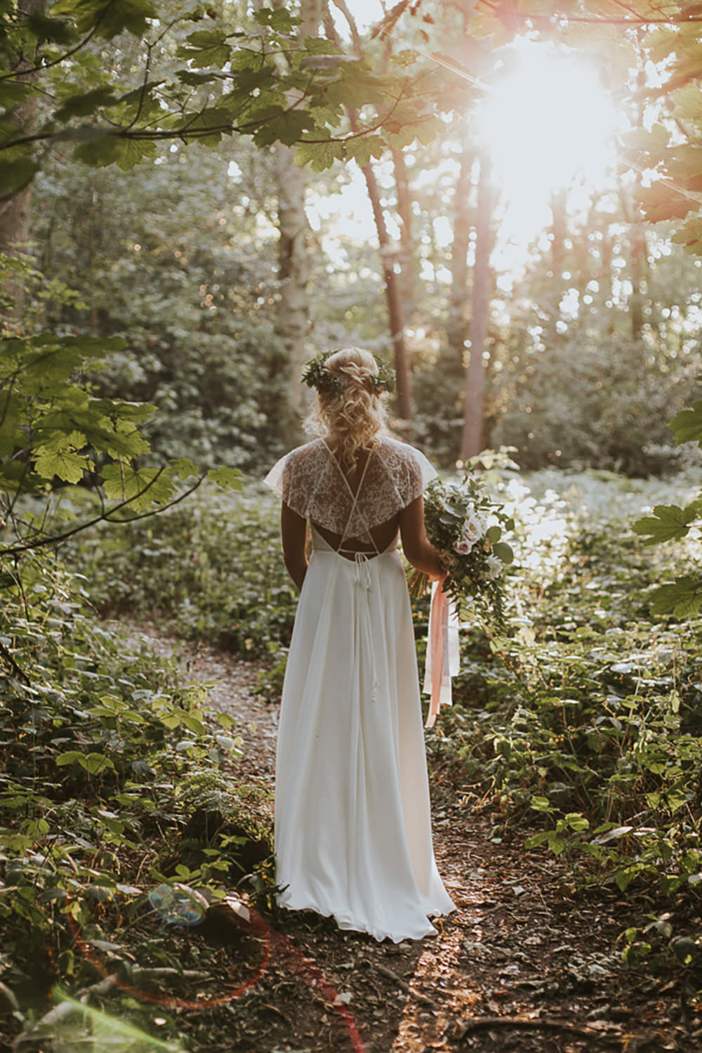 Dress Gown Bride Bridal French Chantilly Lace Silk Georgettes Tulle Sleeves Cape Modern Bohemian Woodland Wedding Ideas Lily Lane Photography