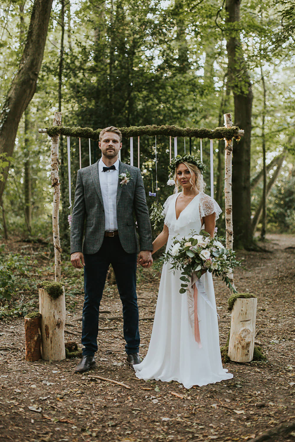 Wooden Arch Branch Backdrop Hanging Flowers Ribbons Modern Bohemian Woodland Wedding Ideas Lily Lane Photography