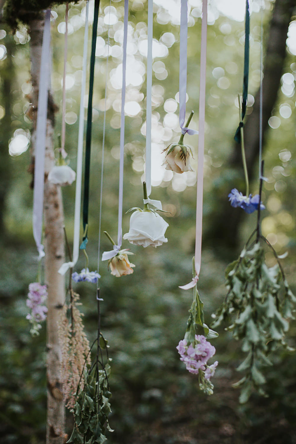 Wooden Arch Branch Backdrop Hanging Flowers Ribbons Modern Bohemian Woodland Wedding Ideas Lily Lane Photography