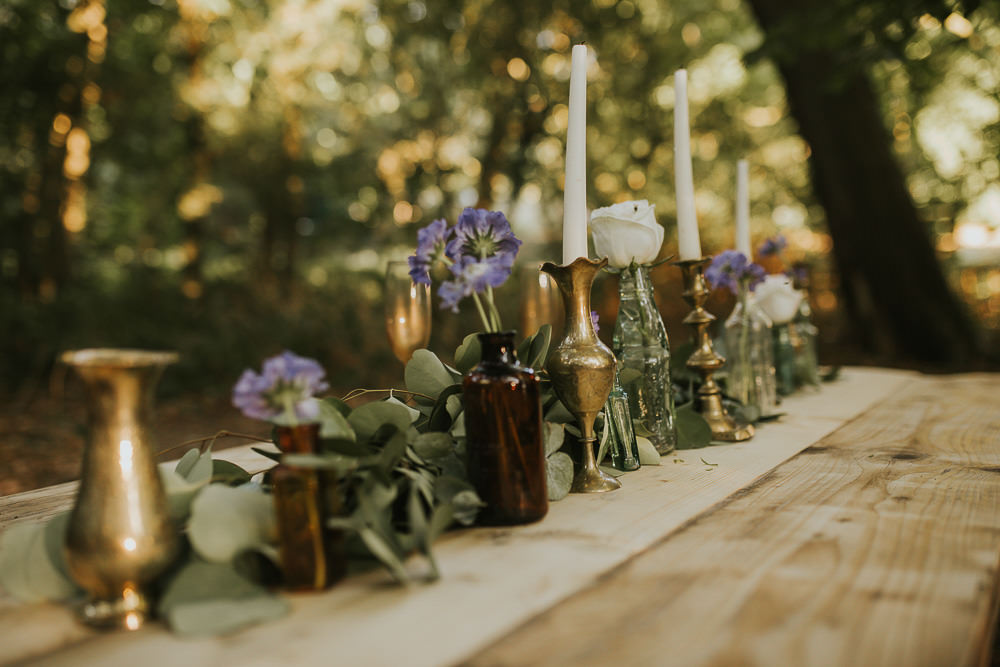 Table Tablescape Greenery Foliage Runner Swag Garland Rose Cornflower Candlesticks Gold Modern Bohemian Woodland Wedding Ideas Lily Lane Photography