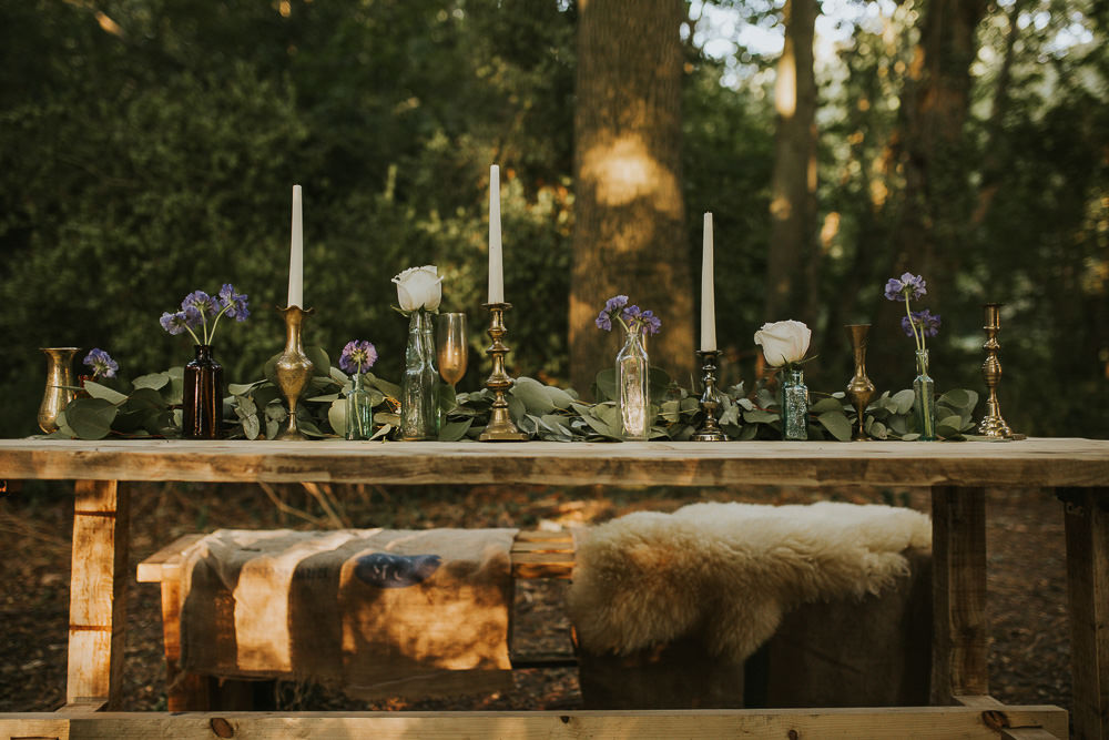 Table Tablescape Greenery Foliage Runner Swag Garland Rose Cornflower Candlesticks Gold Modern Bohemian Woodland Wedding Ideas Lily Lane Photography