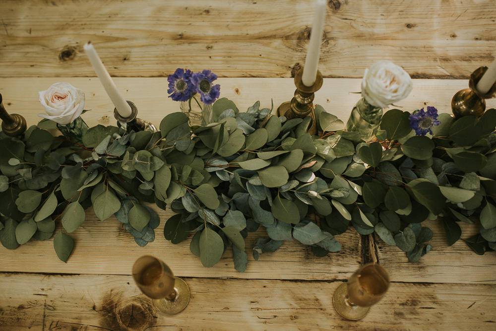 Table Tablescape Greenery Foliage Runner Swag Garland Rose Cornflower Candlesticks Gold Modern Bohemian Woodland Wedding Ideas Lily Lane Photography