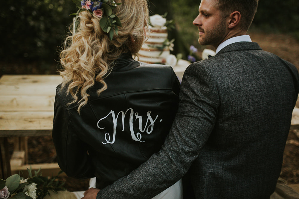 Leather Jacket Bride Bridal MRS Accessory Modern Bohemian Woodland Wedding Ideas Lily Lane Photography