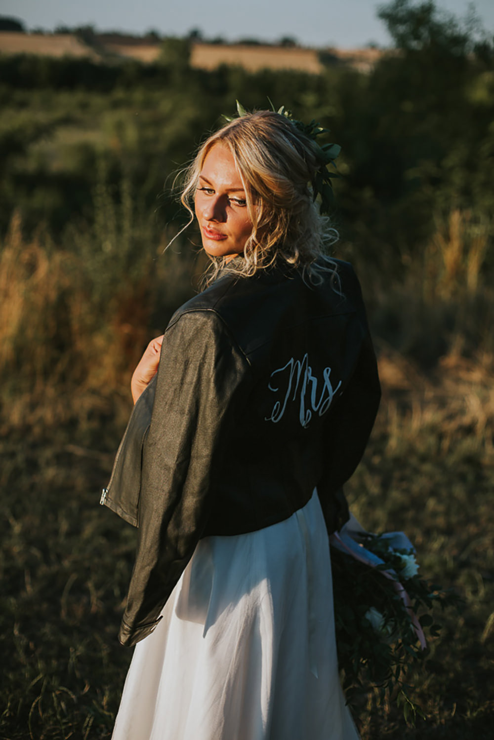 Leather Jacket Bride Bridal MRS Accessory Modern Bohemian Woodland Wedding Ideas Lily Lane Photography