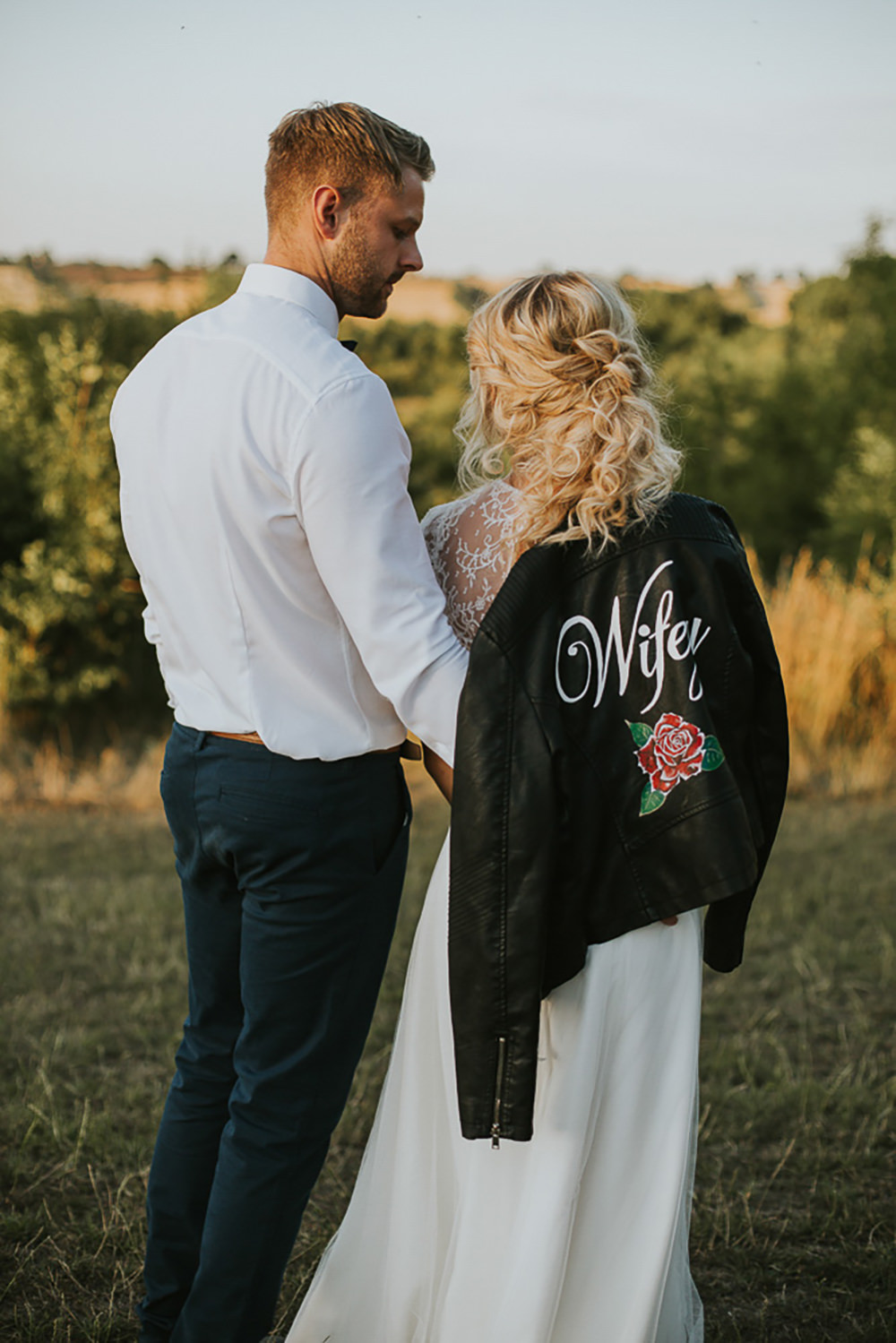 Leather Jacket Bride Bridal Wifey Painted Accessory Modern Bohemian Woodland Wedding Ideas Lily Lane Photography