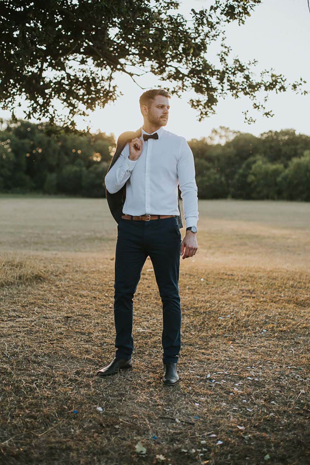 Groom Trousers Shirt Bow Tie Modern Bohemian Woodland Wedding Ideas Lily Lane Photography