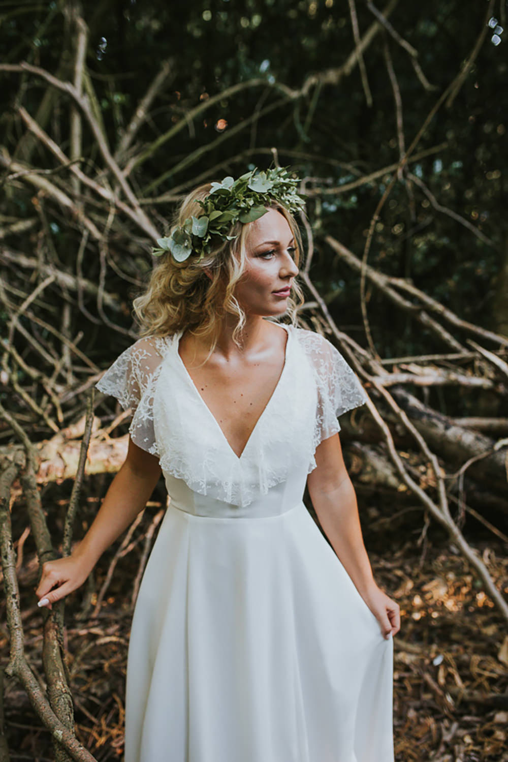 Dress Gown Bride Bridal French Chantilly Lace Silk Georgettes Tulle Sleeves Cape Modern Bohemian Woodland Wedding Ideas Lily Lane Photography